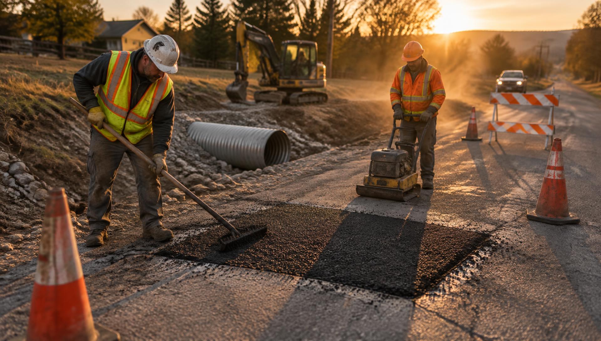 D-Day crew patching asphalt and setting a water culvert with cones and a plate compactor